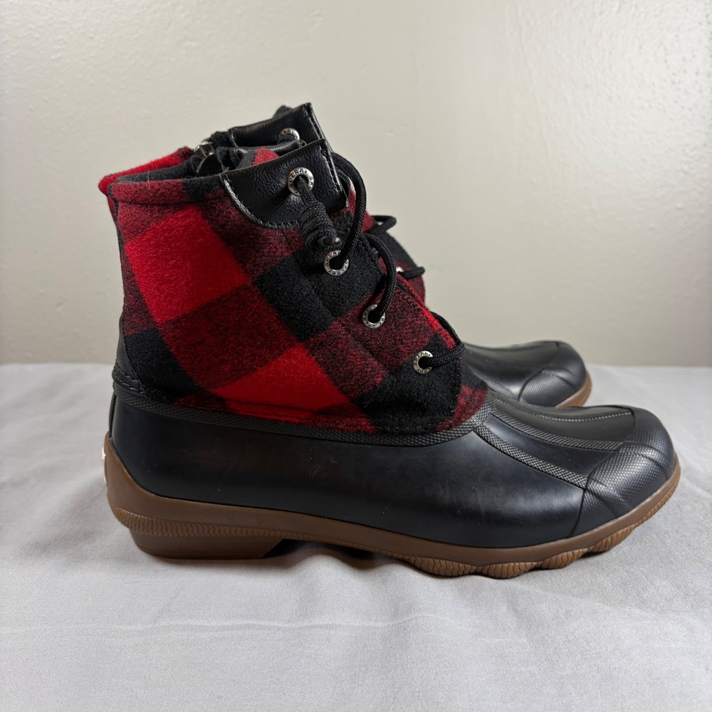 Sperry Saltwater Buffalo Plaid Duck Boots Red Black Wool Waterproof STS85076 8M - Picture 2 of 7
